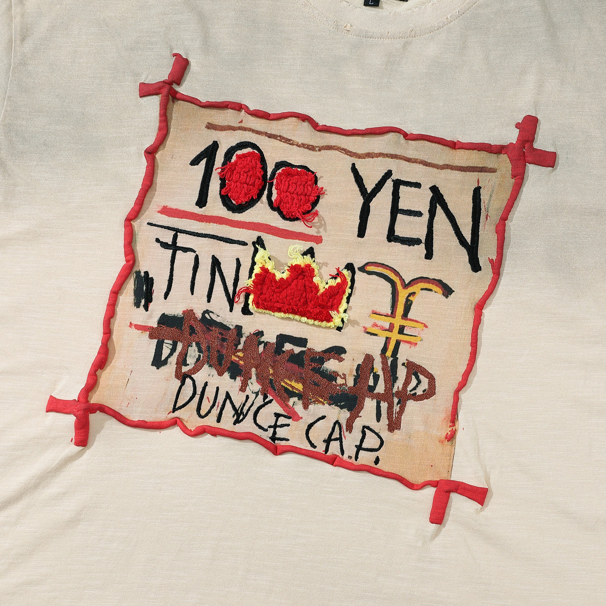 Arkyve X Basquiat 100 Yen Tee in cream, hand-crocheted detail close-up