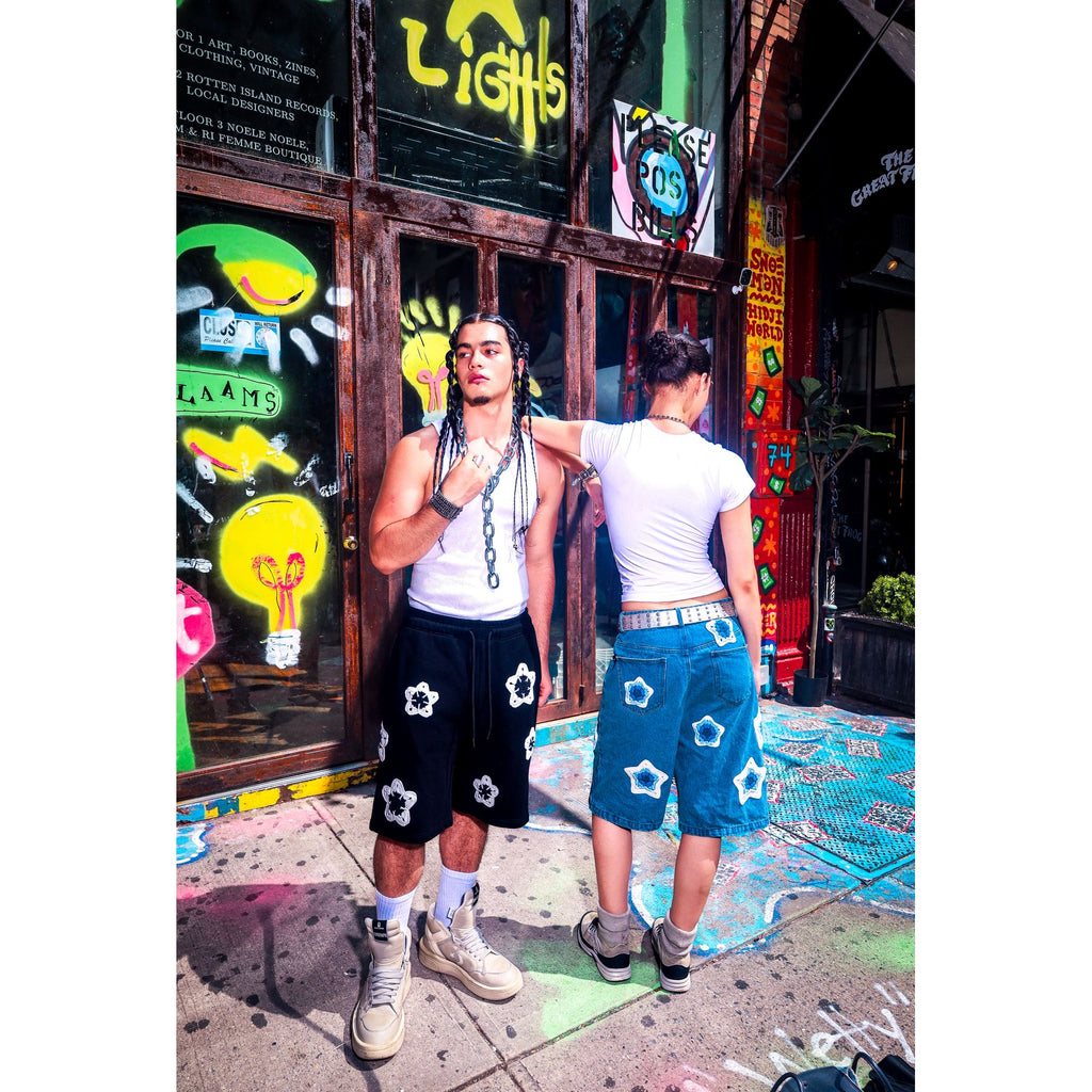 Black Flower Crochet Patch Sweatshorts