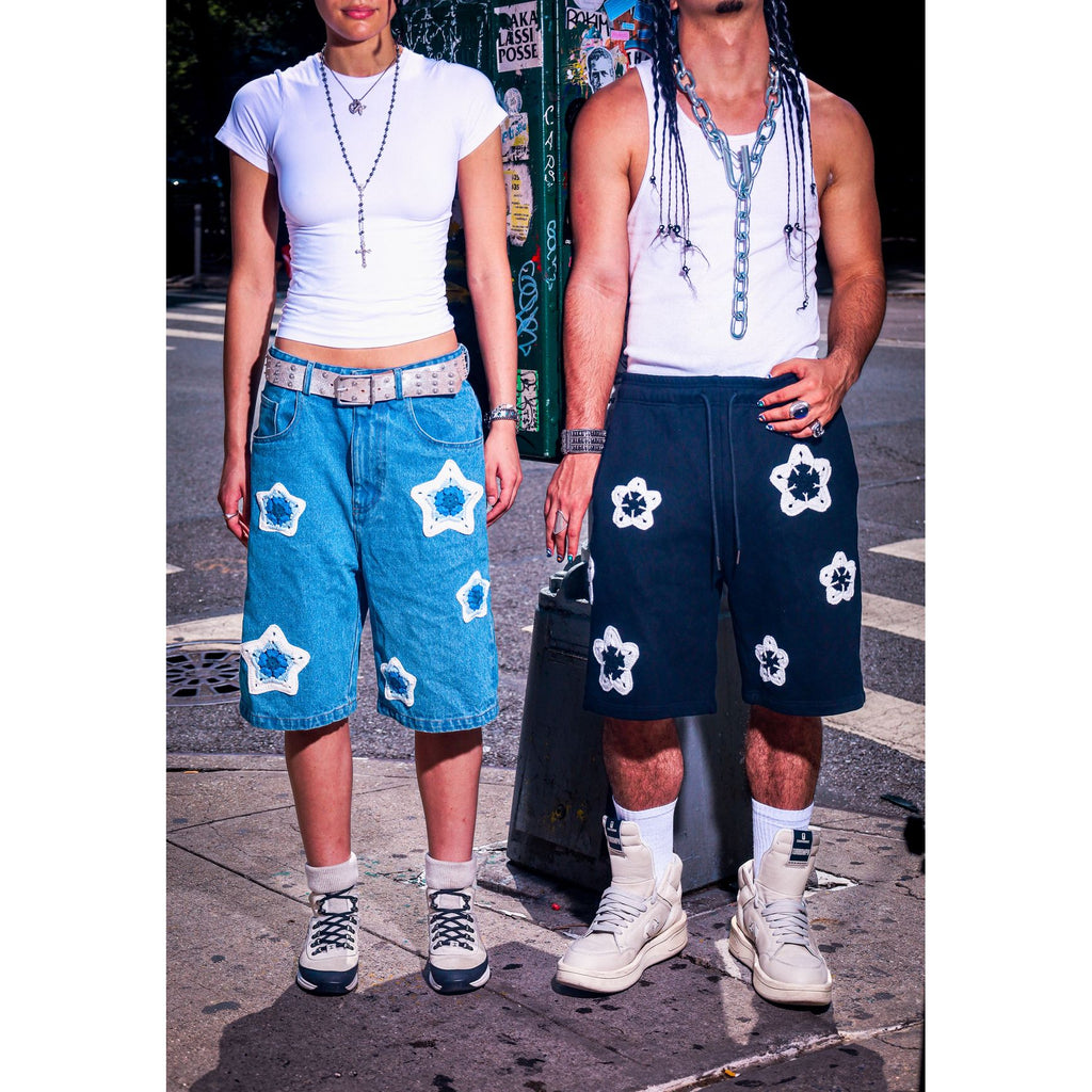 Black Flower Crochet Patch Sweatshorts