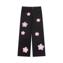 Pink Star Crochet Black Denim pants