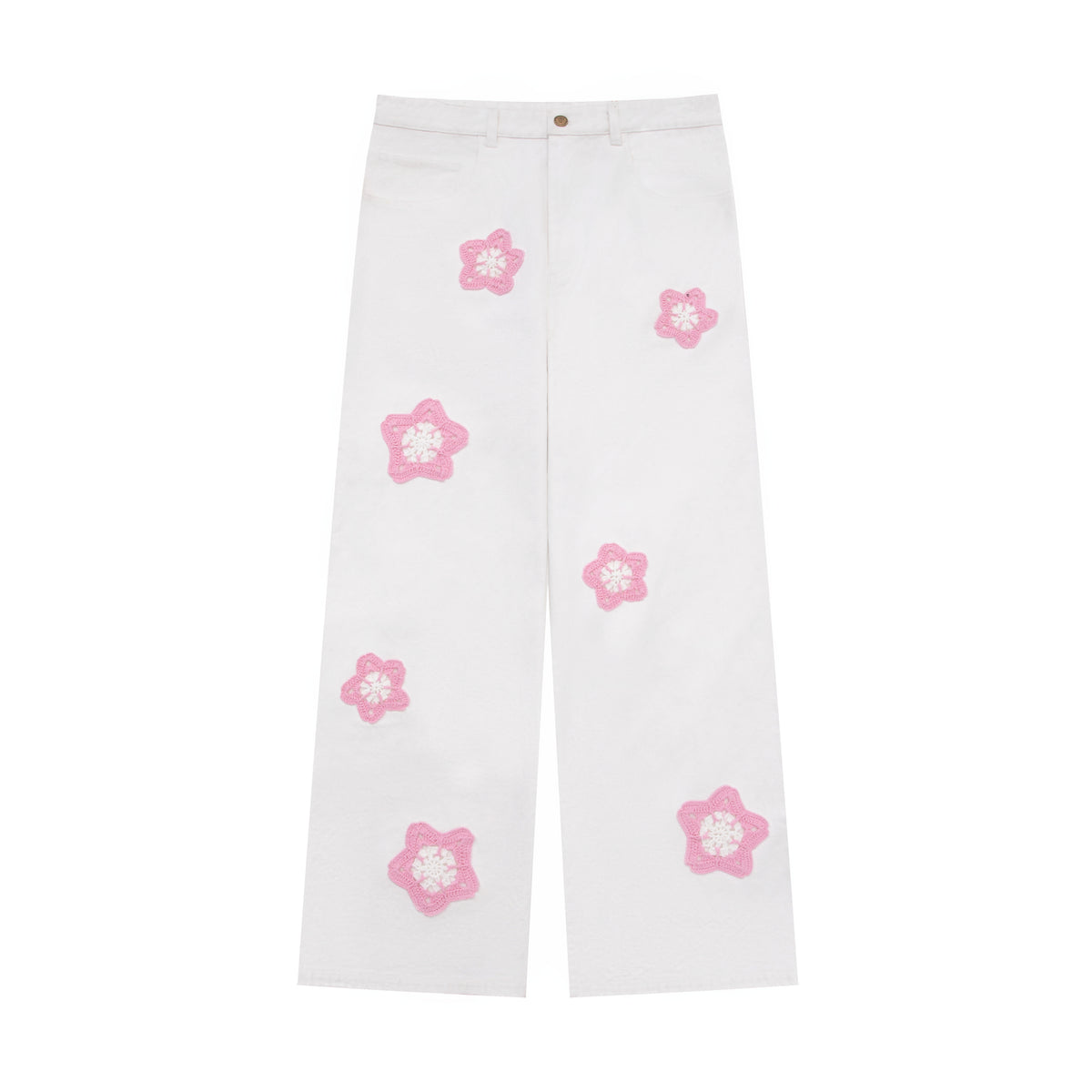 Pink Star Crochet White Denim Pants