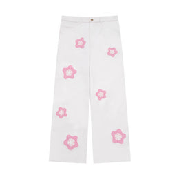 Pink Star Crochet White Denim Pants