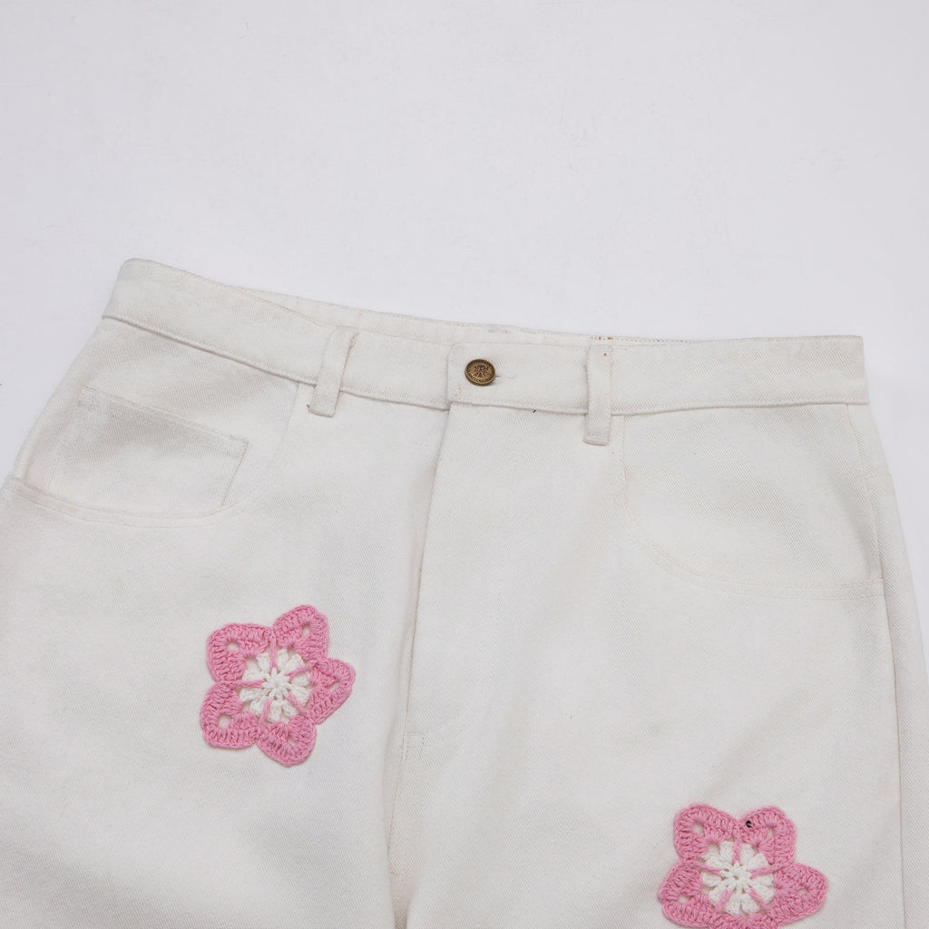 Pink Star Crochet White Denim
