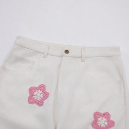 Pink Star Crochet White Denim Pants