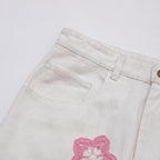 Pink Star Crochet White Denim