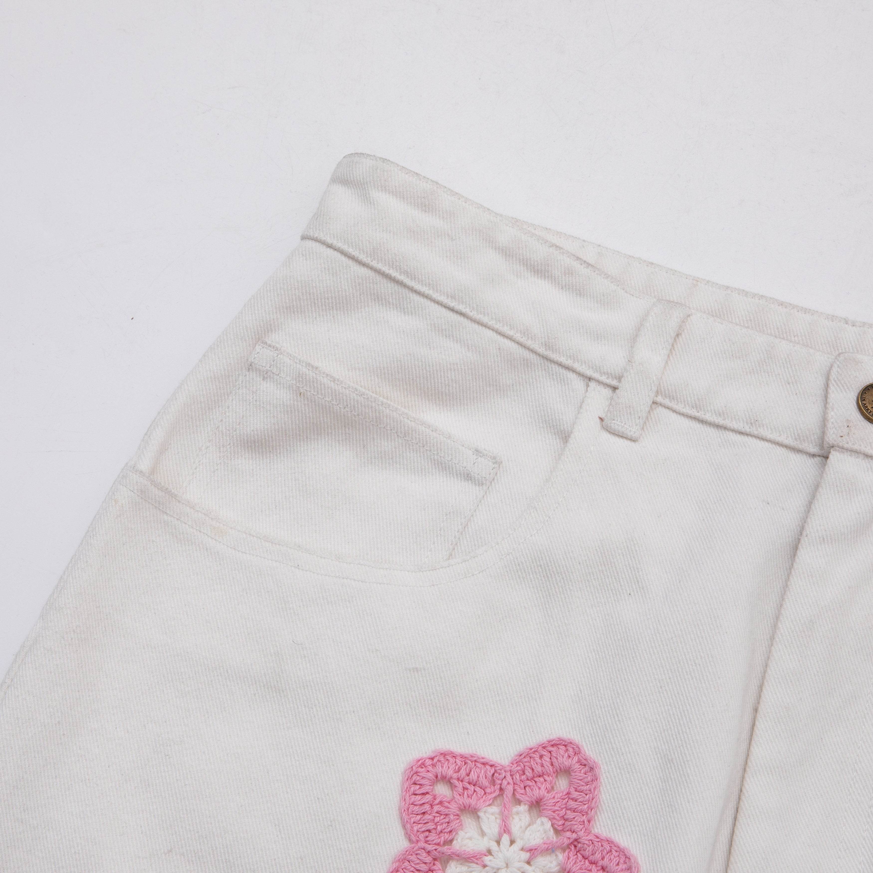 Pink Star Crochet White Denim