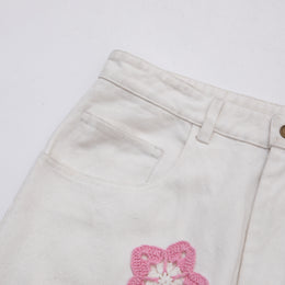 Pink Star Crochet White Denim Pants