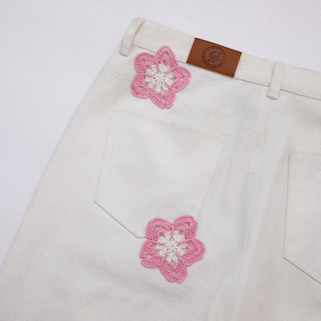 Pink Star Crochet White Denim