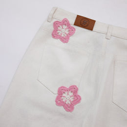 Pink Star Crochet White Denim Pants