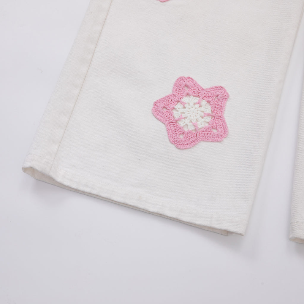 Pink Star Crochet White Denim