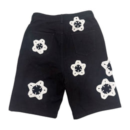 Black Flower Crochet Patch Denim Shorts