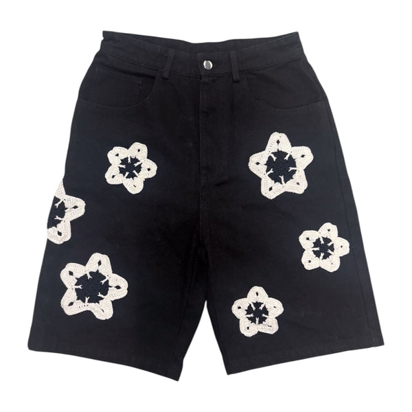 Black Flower Crochet Patch Denim Shorts