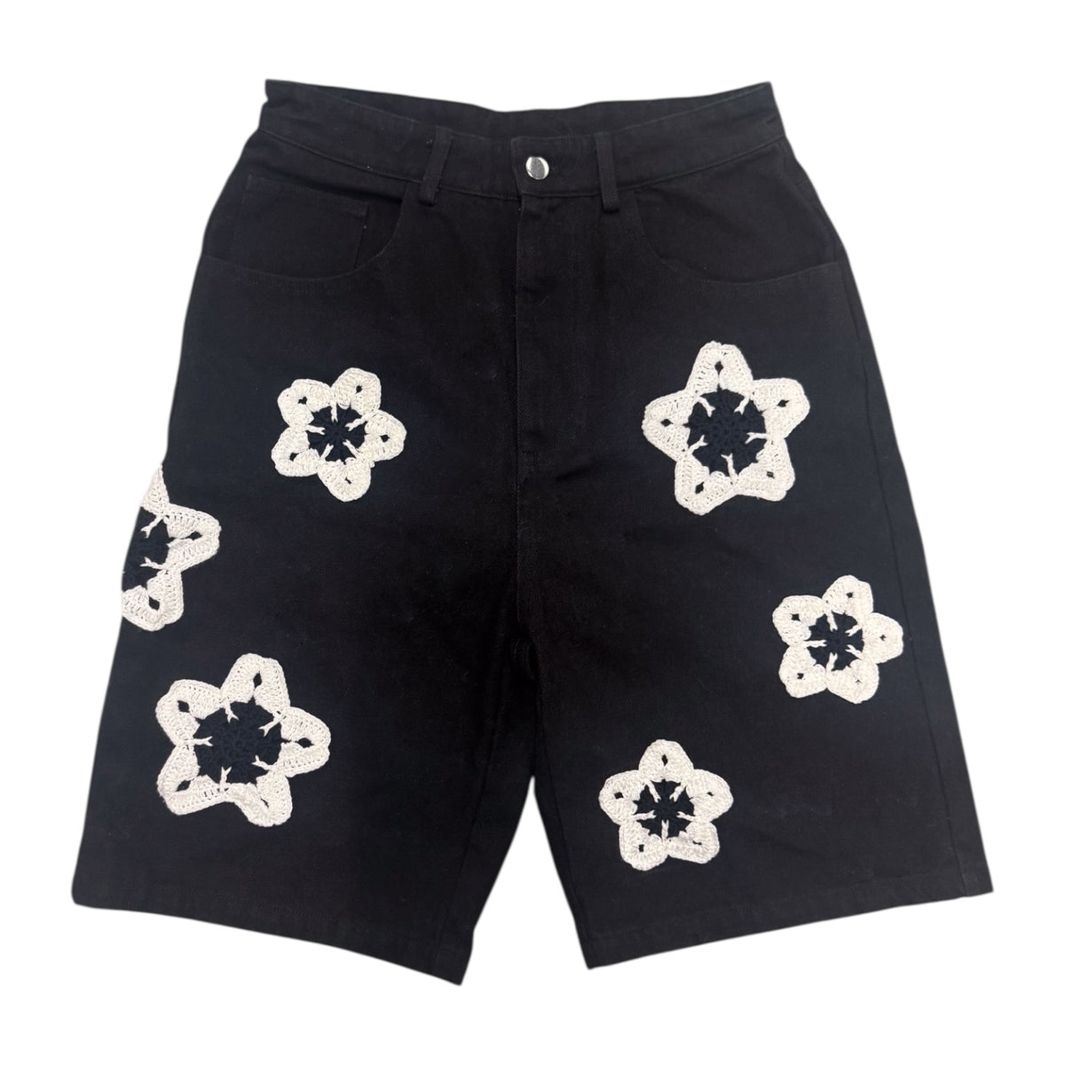 Black Flower Crochet Patch Denim Shorts
