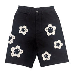 Black Flower Crochet Patch Denim Shorts