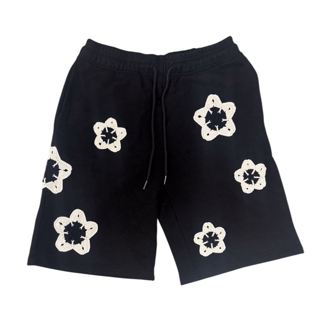 Black Flower Crochet Patch Sweatshorts
