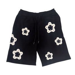 Black Flower Crochet Patch Sweatshorts