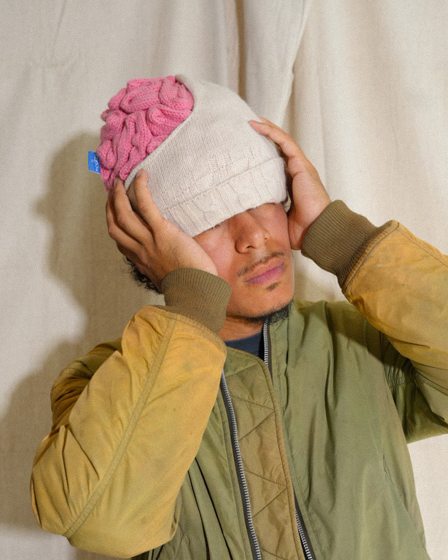 Brainie cream beanie with exposed pink crochet brain by Arkyve