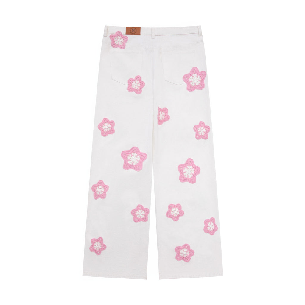 Pink Star Crochet White Denim