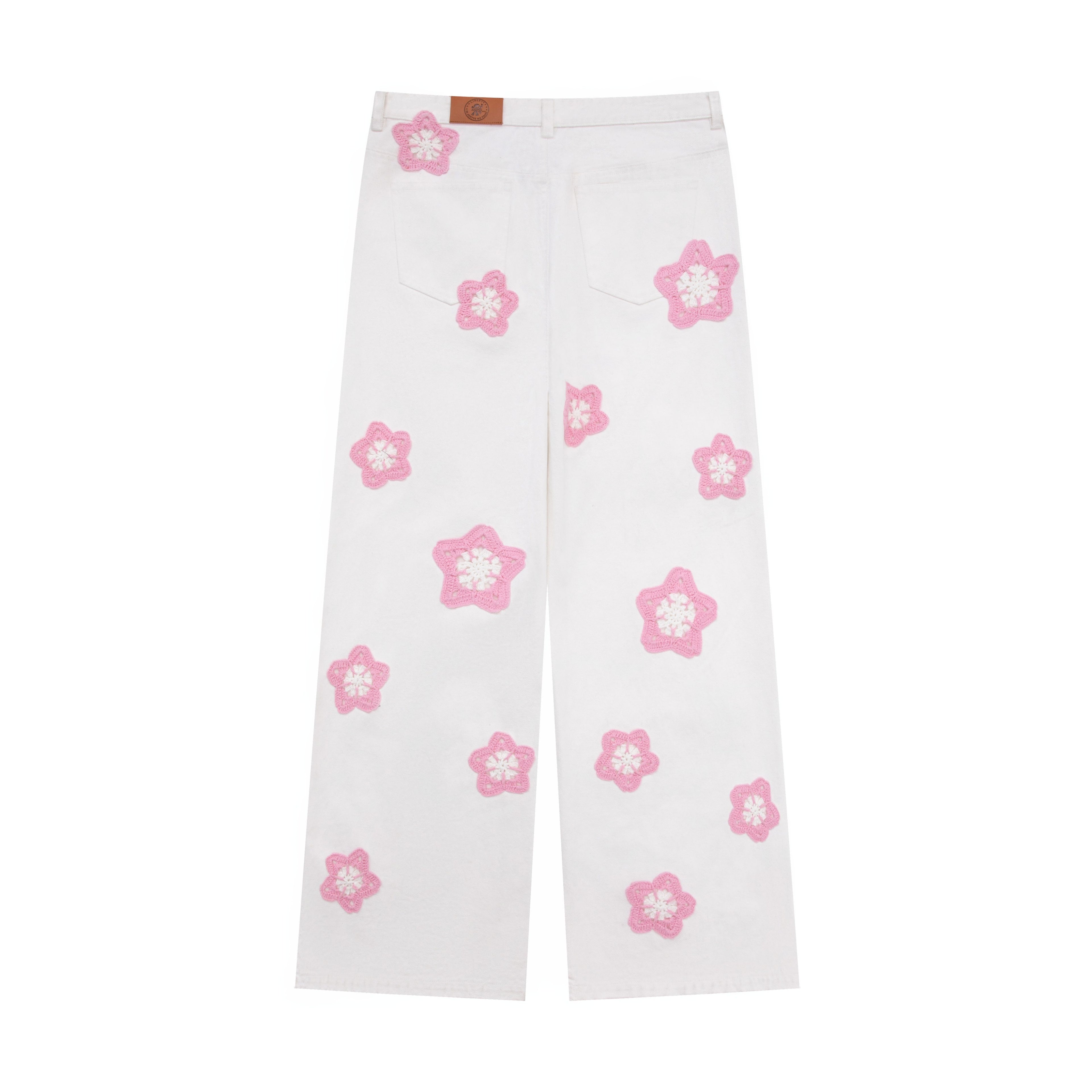 Pink Star Crochet White Denim