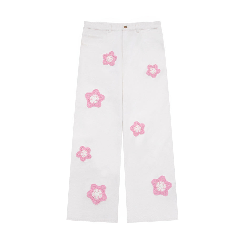 Pink Star Crochet White Denim