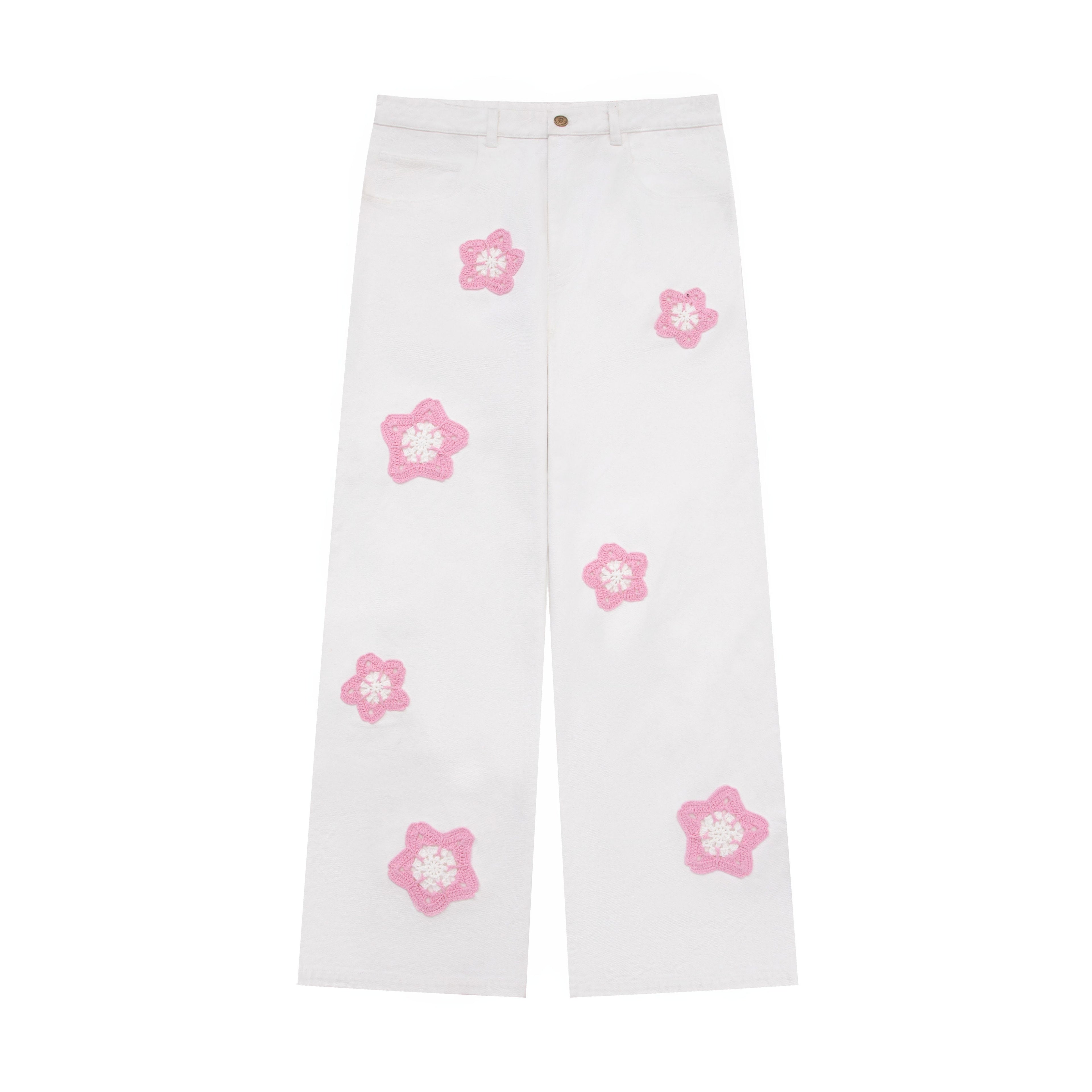 Pink Star Crochet White Denim