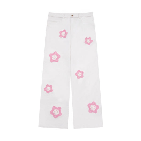 Pink Star Crochet White Denim