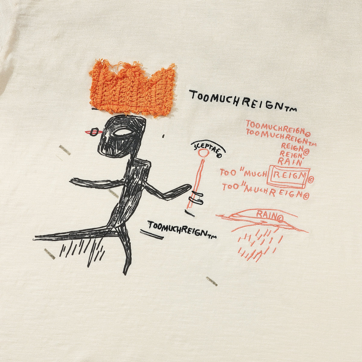 Arkyve X Basquiat Too Much Reign Tee, hand-crocheted detail close-up